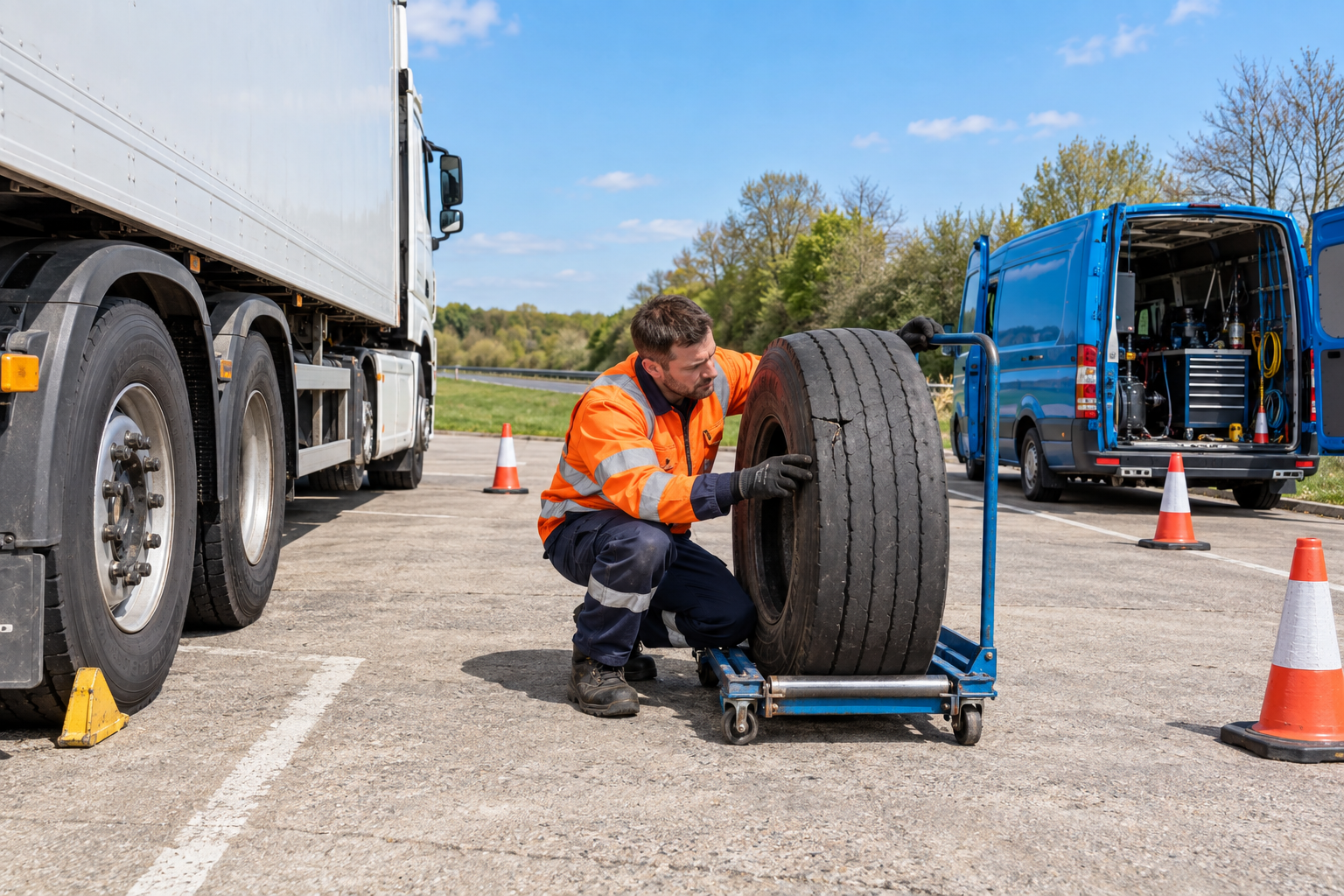 Commercial tyre fitter inspecting a wheel on a low trolley beside an HGV in a separated lay-by